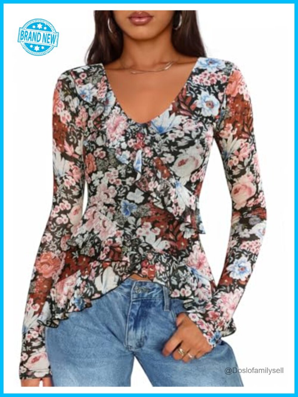 Women's Floral Ruffle Mesh Long Sleeve Blouse Top V-Neck